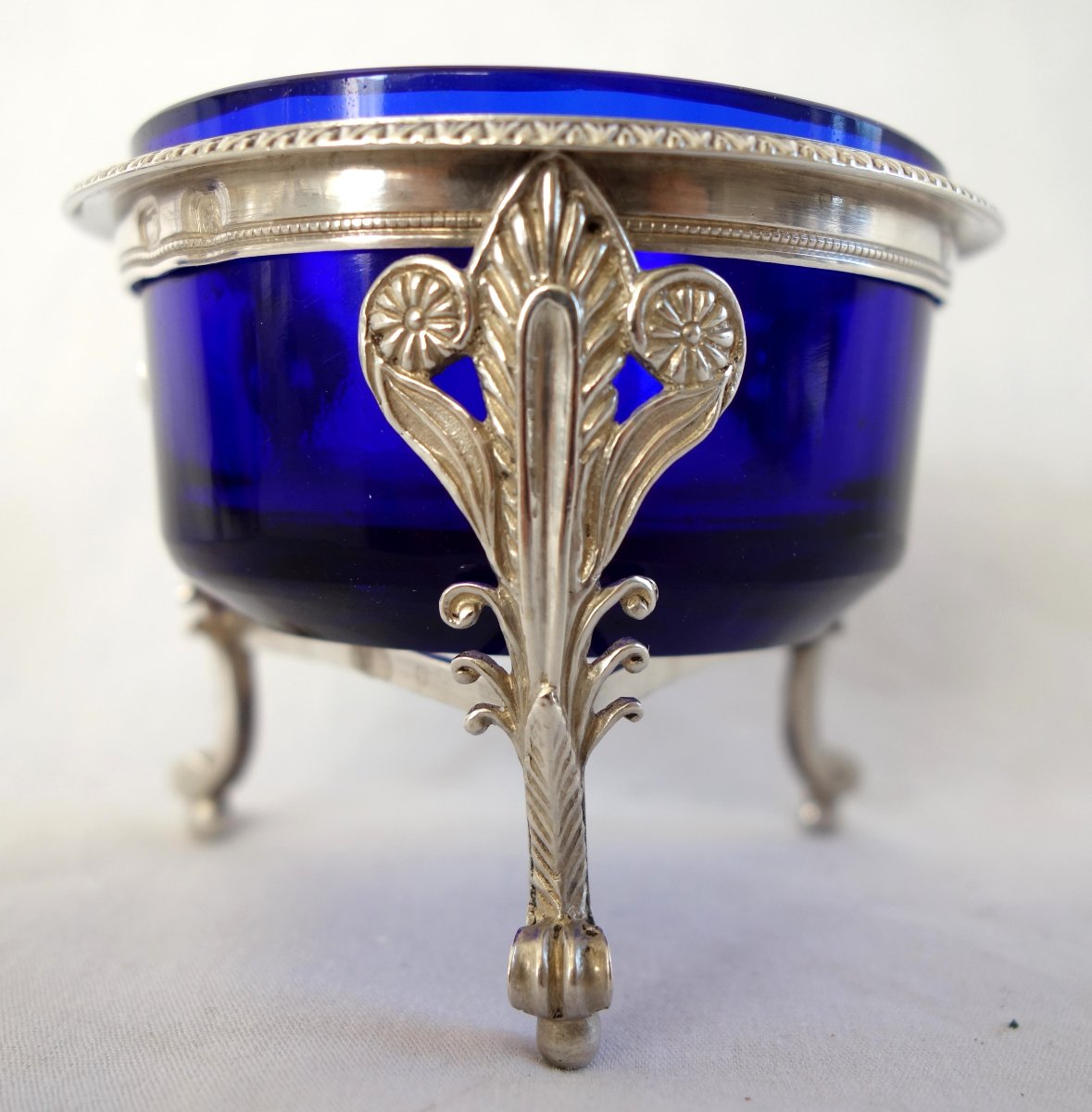 Pair Of Empire-style Salt Cellars In Solid Silver And Blue Crystal—marked With The 2nd Rooster Hallmark-photo-2