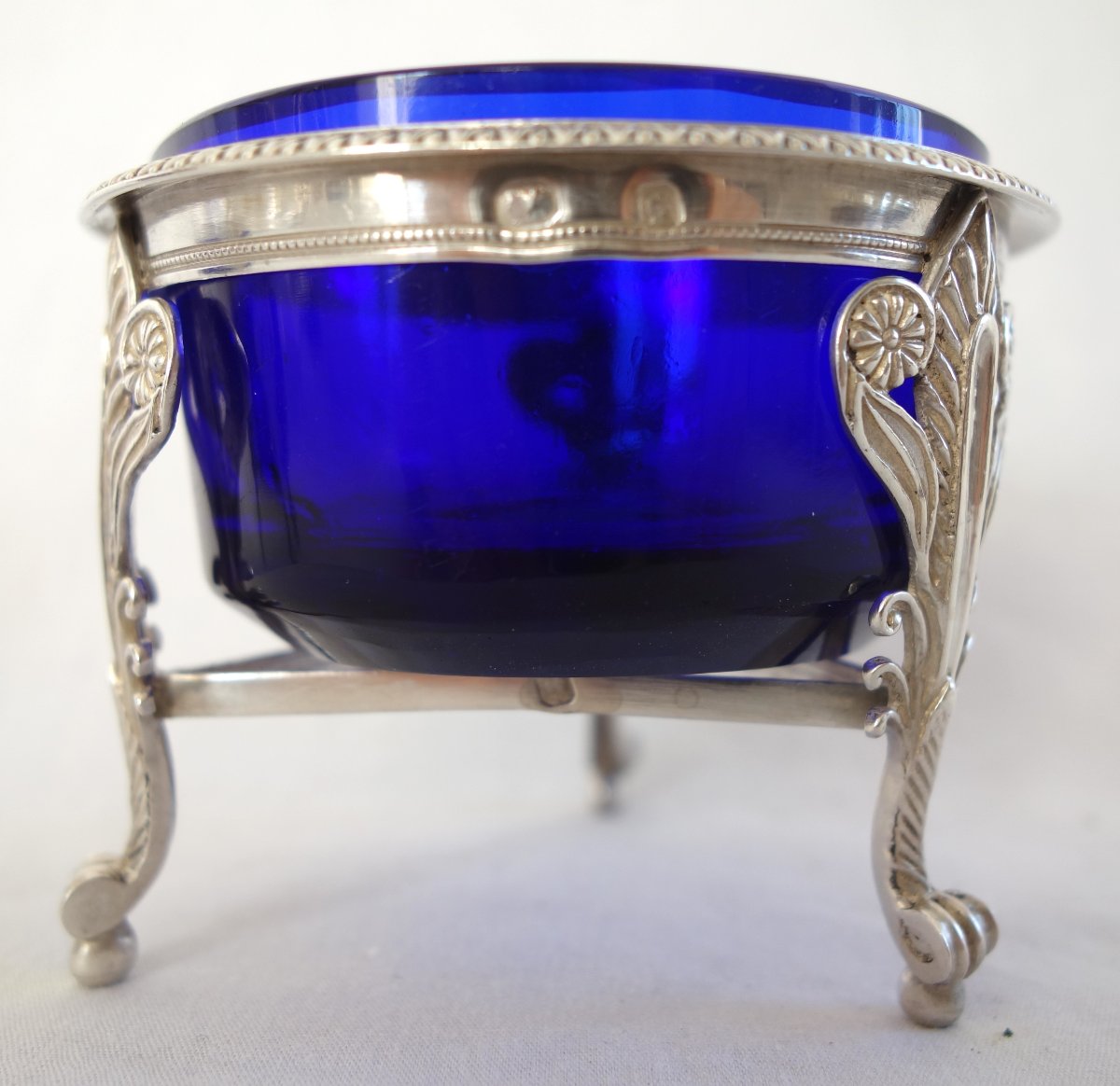 Pair Of Empire-style Salt Cellars In Solid Silver And Blue Crystal—marked With The 2nd Rooster Hallmark-photo-3