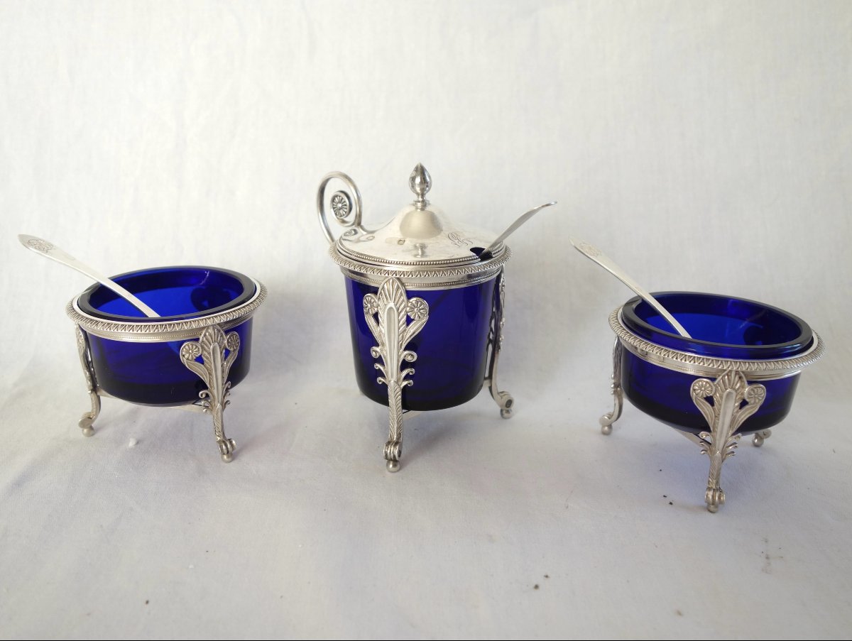 Pair Of Empire-style Salt Cellars In Solid Silver And Blue Crystal—marked With The 2nd Rooster Hallmark-photo-8