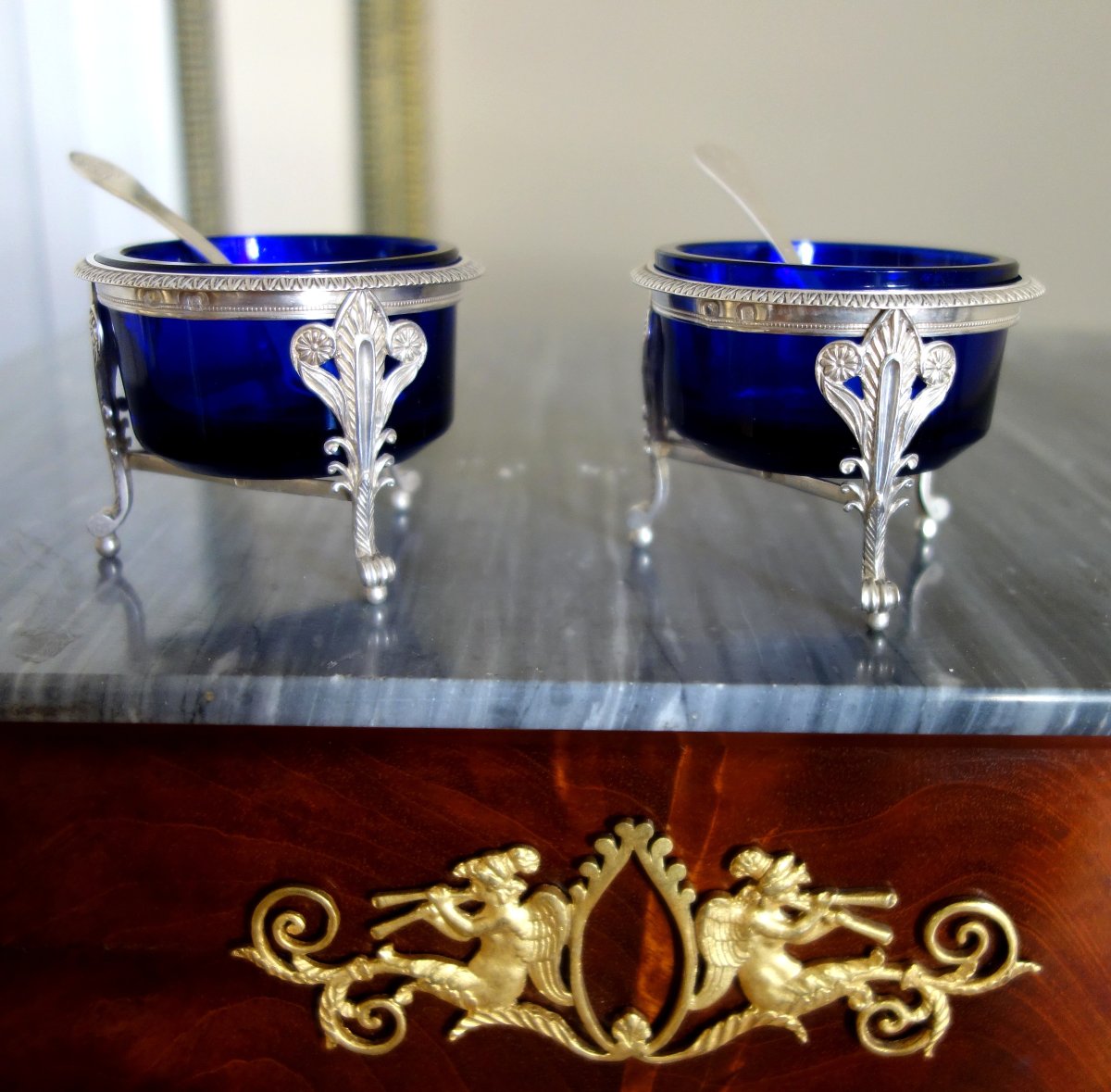 Pair Of Empire-style Salt Cellars In Solid Silver And Blue Crystal—marked With The 2nd Rooster Hallmark