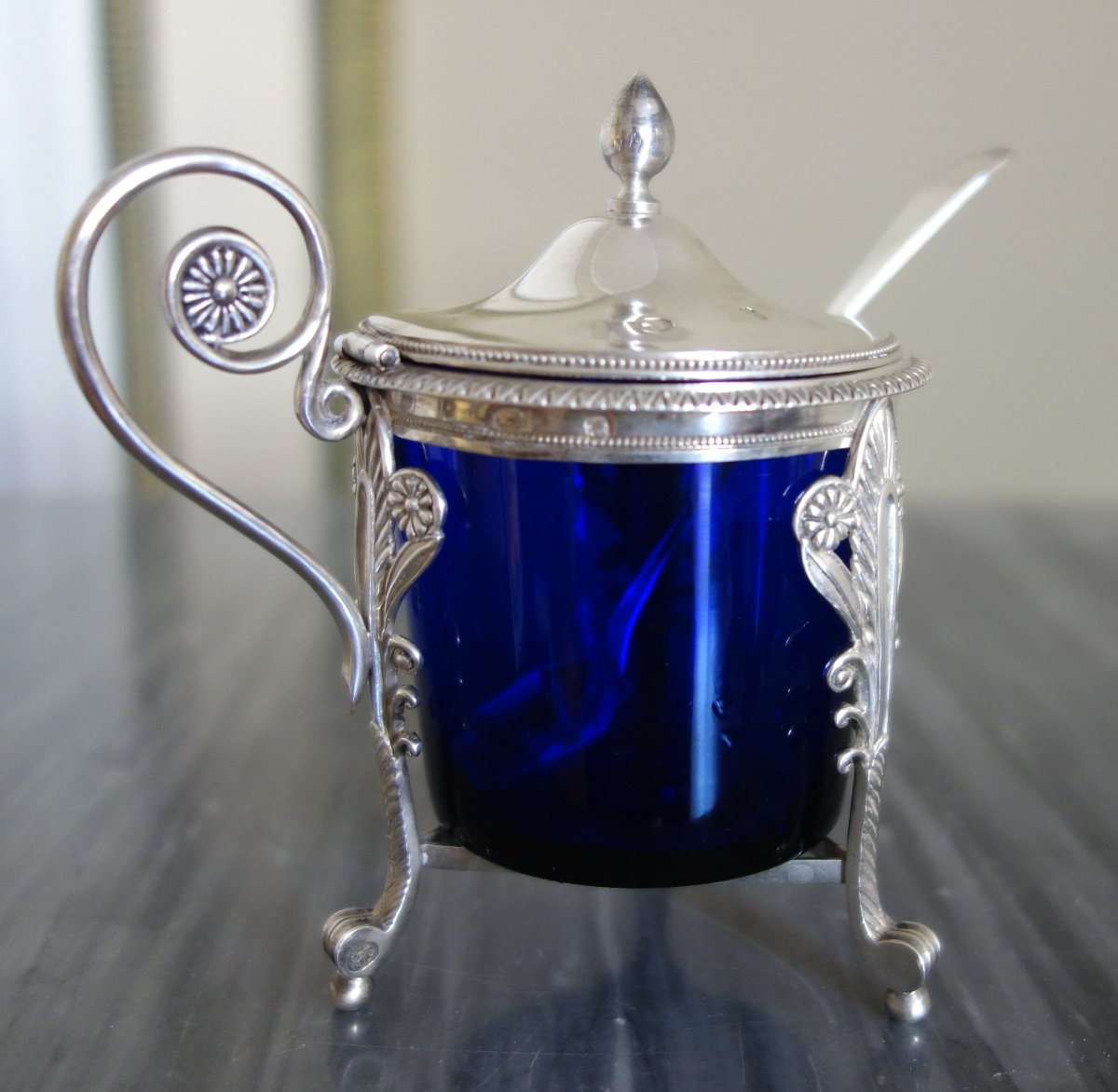 Empire-style Mustard Jar In Solid Silver And Blue Crystal—2nd Rooster Hallmark-photo-3