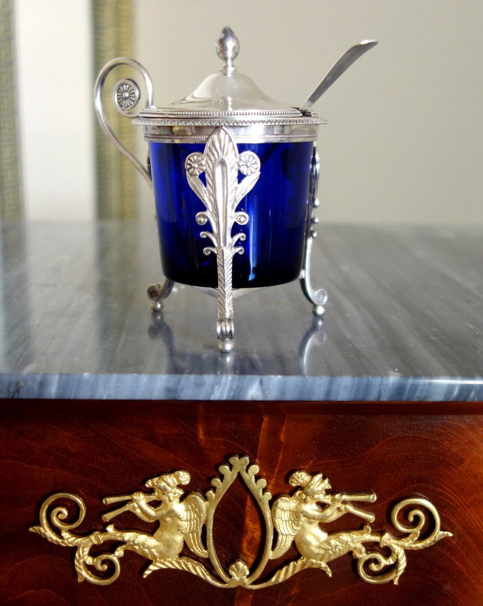 Empire-style Mustard Jar In Solid Silver And Blue Crystal—2nd Rooster Hallmark