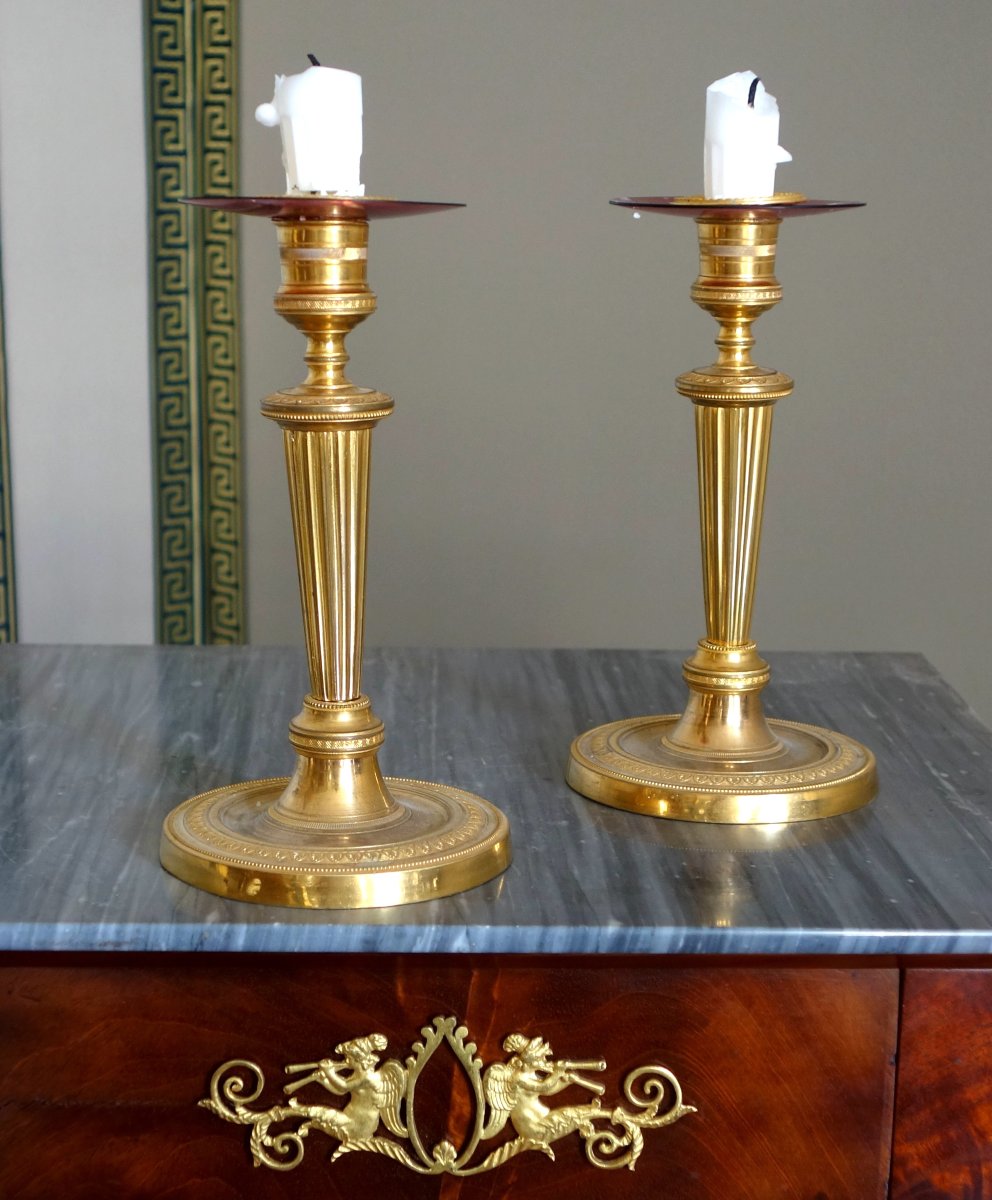 Pair Of Louis XVI Empire-style Candlesticks, Circa 1800, Made Of Chiseled Bronze Gilded With Fine Gold—19 Cm