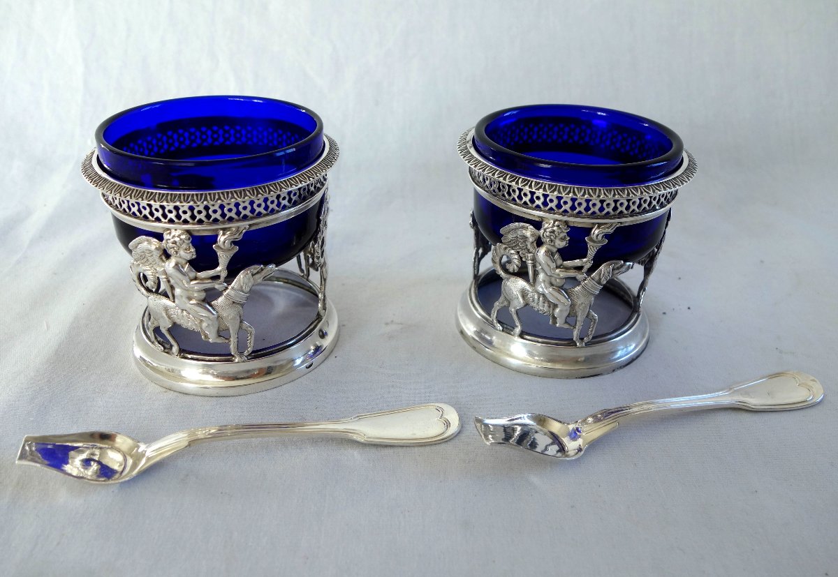   Pair Of Solid Silver Salt Shakers With The "amour Fidèle" Design, Empire And Restoration Periods, Rooster Hallmark-photo-3
