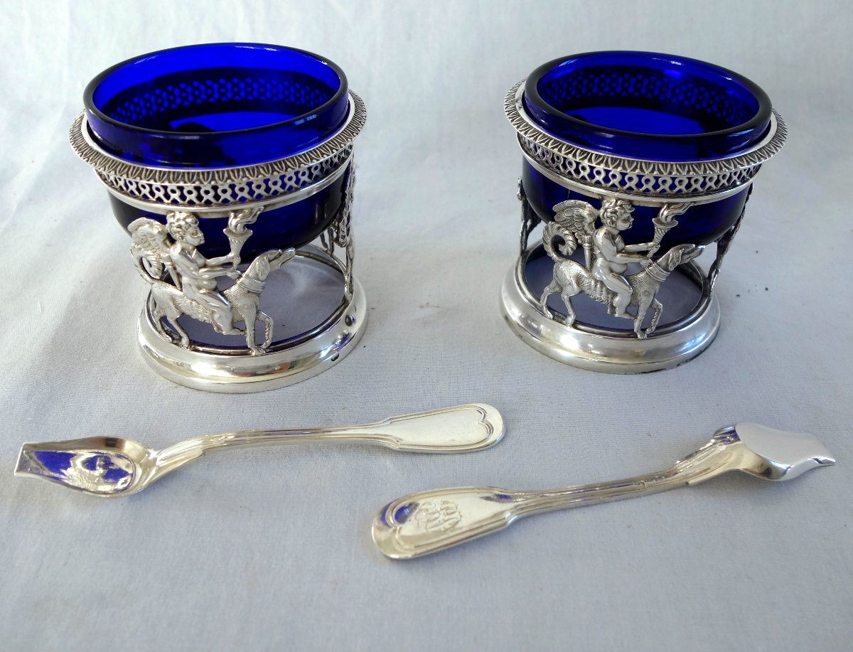   Pair Of Solid Silver Salt Shakers With The "amour Fidèle" Design, Empire And Restoration Periods, Rooster Hallmark-photo-4