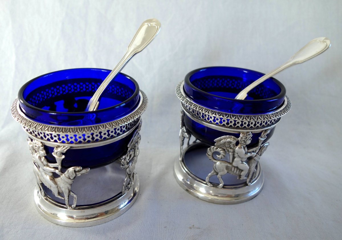   Pair Of Solid Silver Salt Shakers With The "amour Fidèle" Design, Empire And Restoration Periods, Rooster Hallmark-photo-1