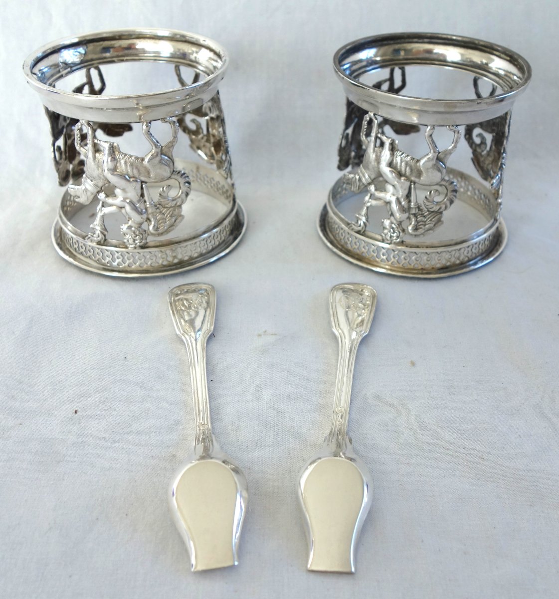   Pair Of Solid Silver Salt Shakers With The "amour Fidèle" Design, Empire And Restoration Periods, Rooster Hallmark-photo-4