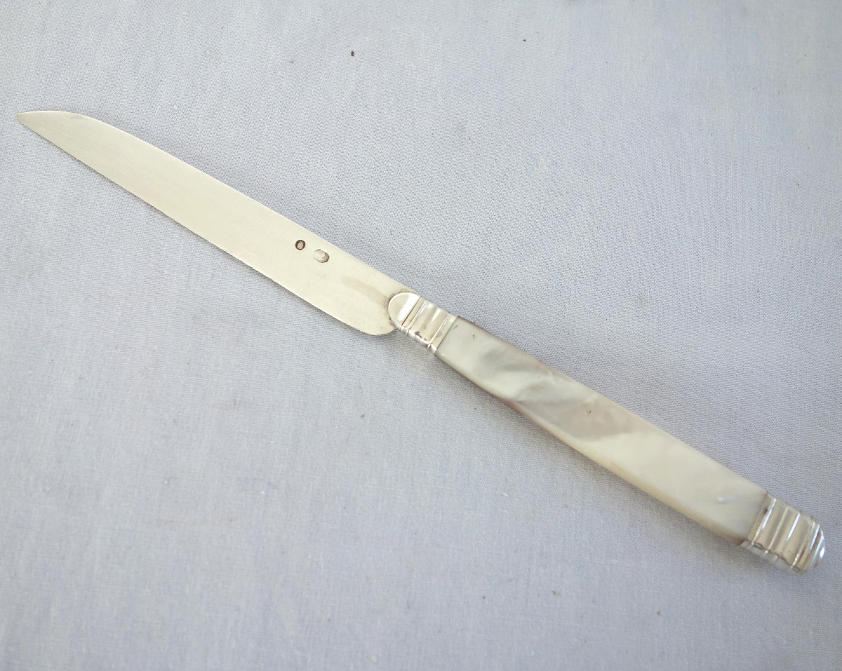 Set Of 12 Fruit Knives, With Solid Silver Blades, Mother-of-pearl Handles, And The “coq Et Vieillard” Hallmark-photo-3