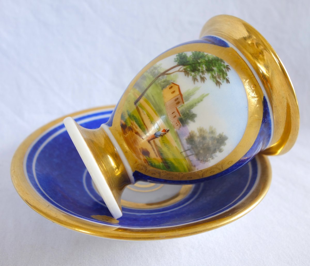 Pair Of Period Empire-style Cups With Landscape Designs And A Blue Background; Restored—paris Porcelain -photo-2