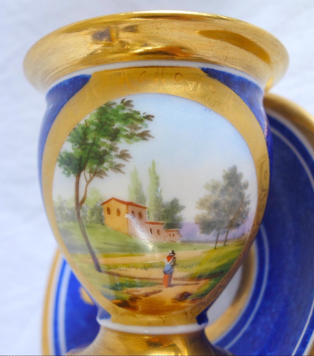 Pair Of Period Empire-style Cups With Landscape Designs And A Blue Background; Restored—paris Porcelain -photo-3