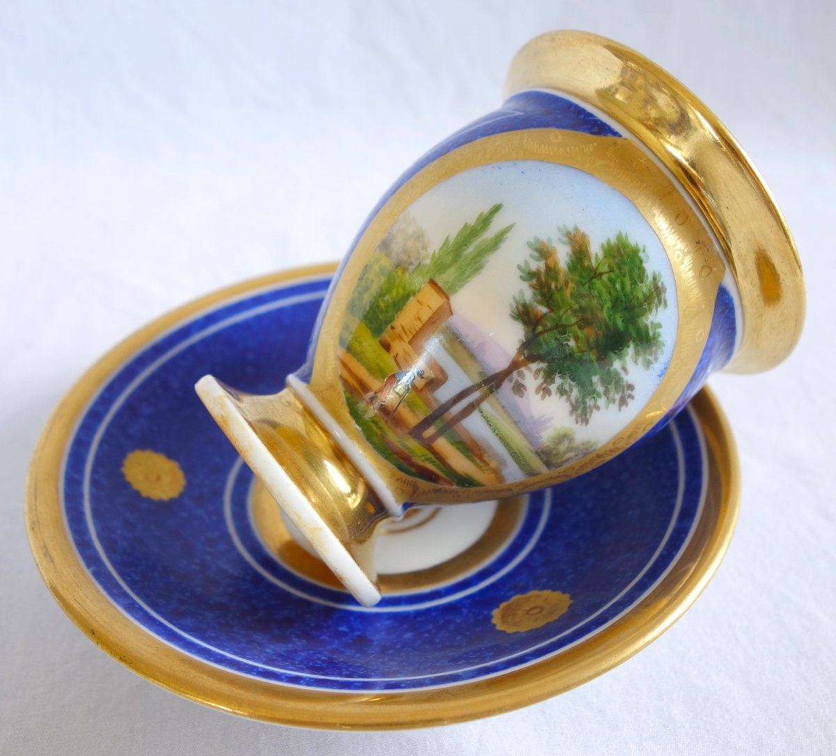 Pair Of Period Empire-style Cups With Landscape Designs And A Blue Background; Restored—paris Porcelain -photo-1