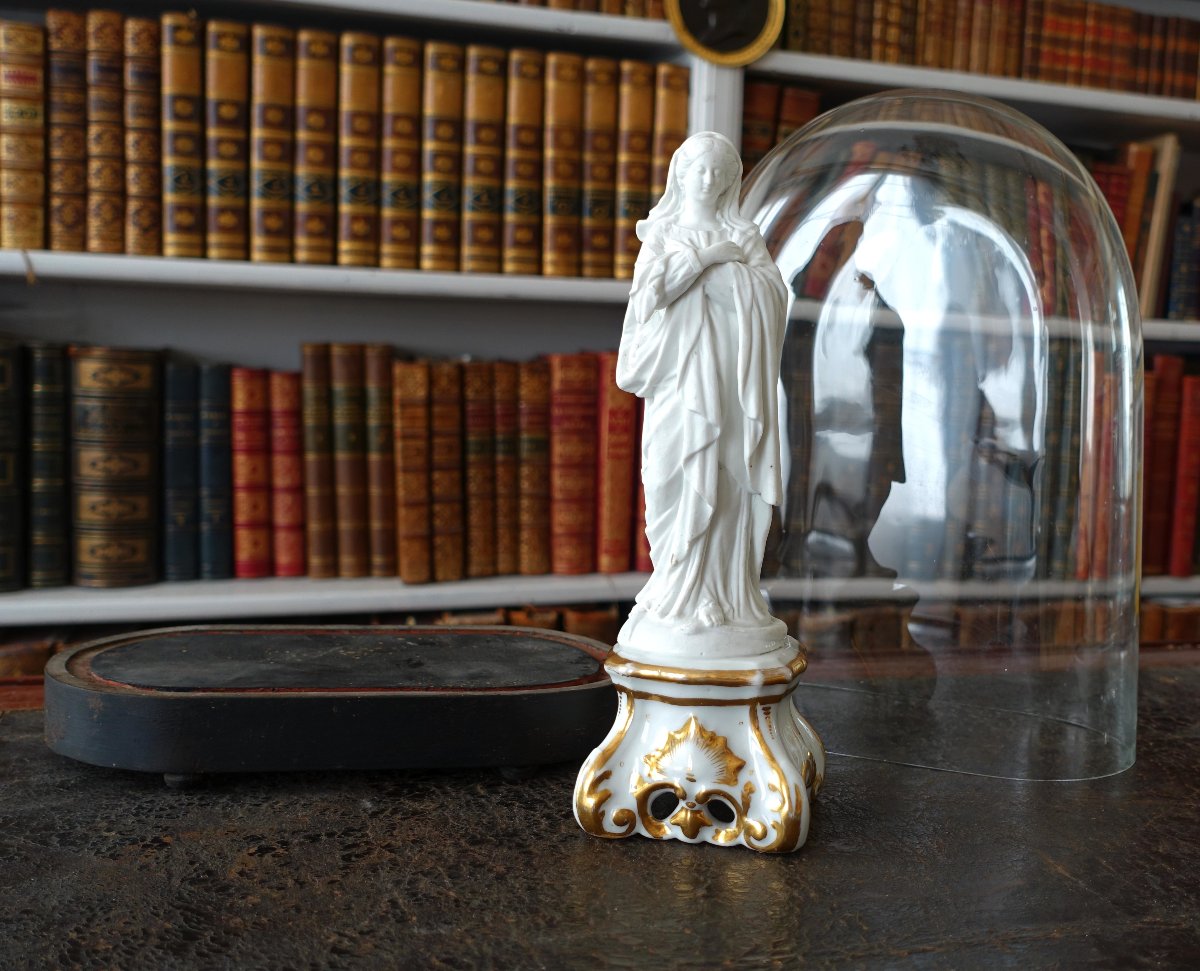 Virgin Of The Assumption—biscuit And Gilded Porcelain Statue Under A Glass Dome—circa 1840-photo-4