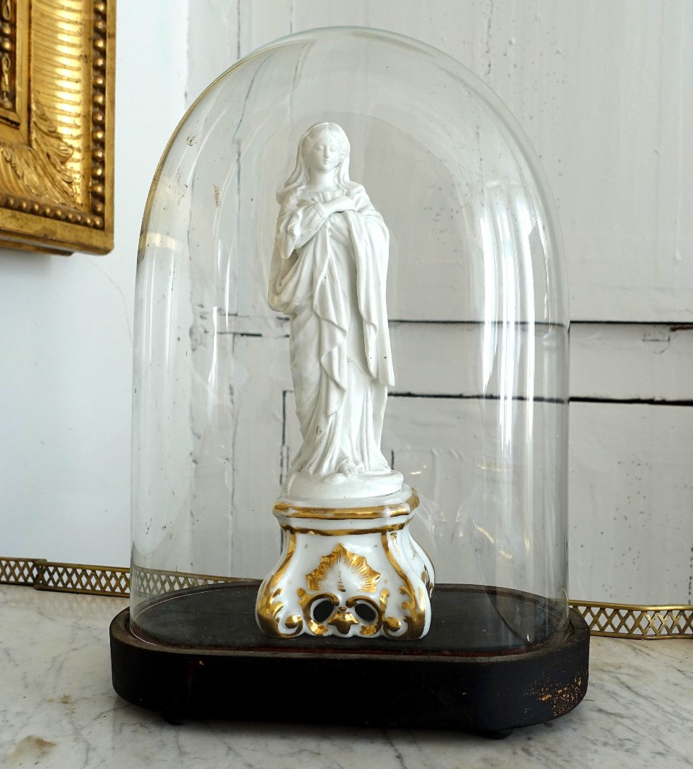 Virgin Of The Assumption—biscuit And Gilded Porcelain Statue Under A Glass Dome—circa 1840