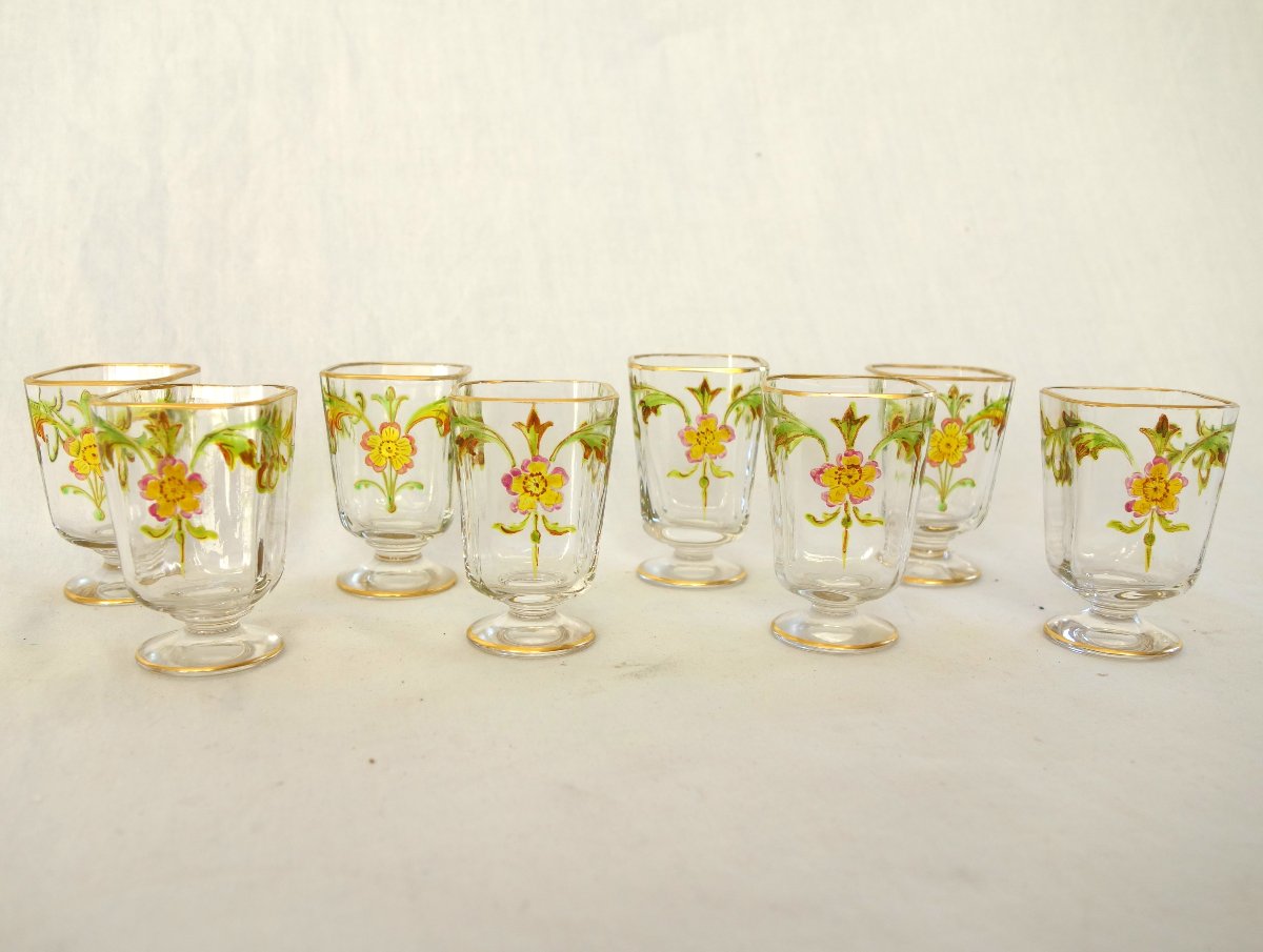 Baccarat : suite de 8 verres à liqueur en cristal doré et émaillé - modèle églantier-photo-3