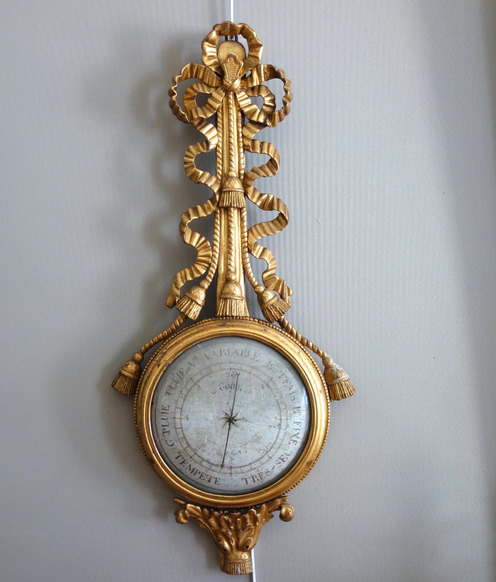 Baromètre en bois sculpté et doré d'époque Louis XVI par Gohin à Paris - fonctionnel et complet-photo-2