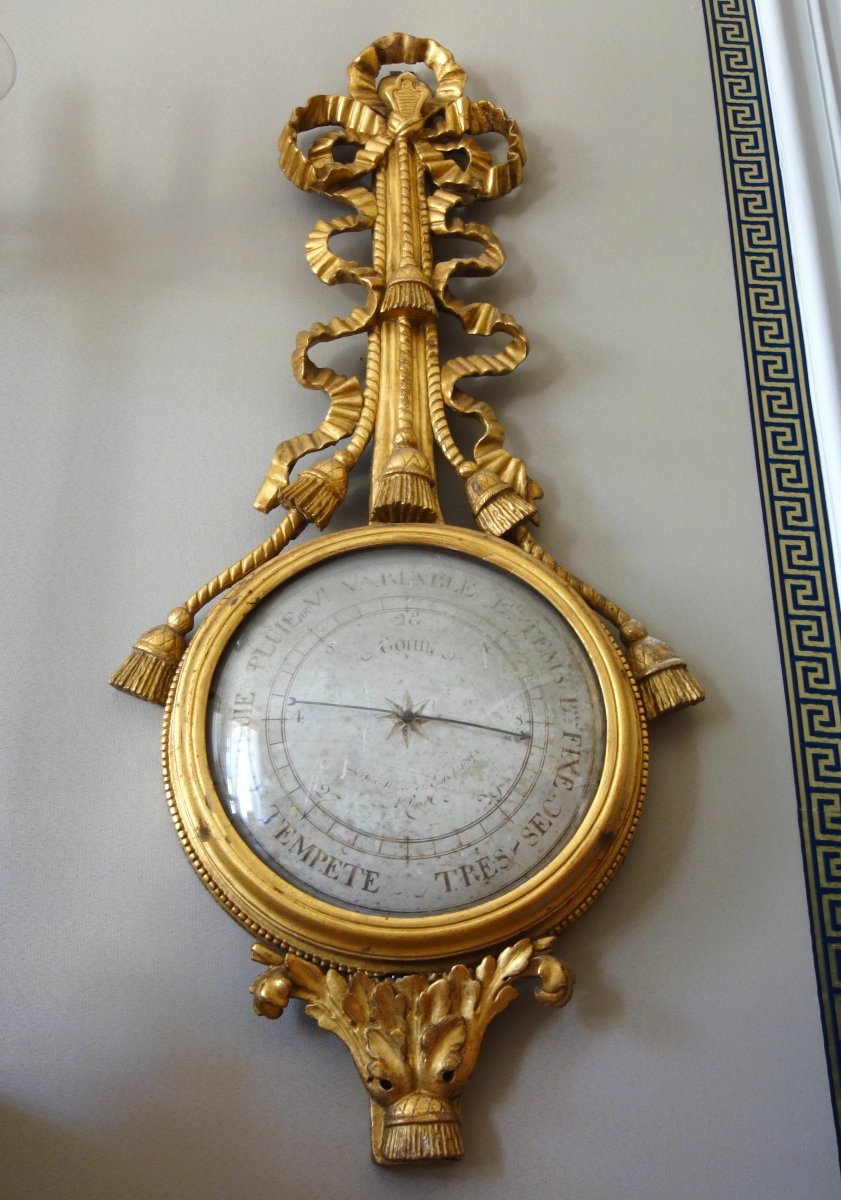 Baromètre en bois sculpté et doré d'époque Louis XVI par Gohin à Paris - fonctionnel et complet-photo-3