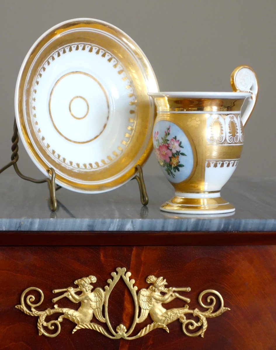Oval Paris Porcelain Coffee Cup With Rich Floral And Gold Decoration From The Charles X Period—1820