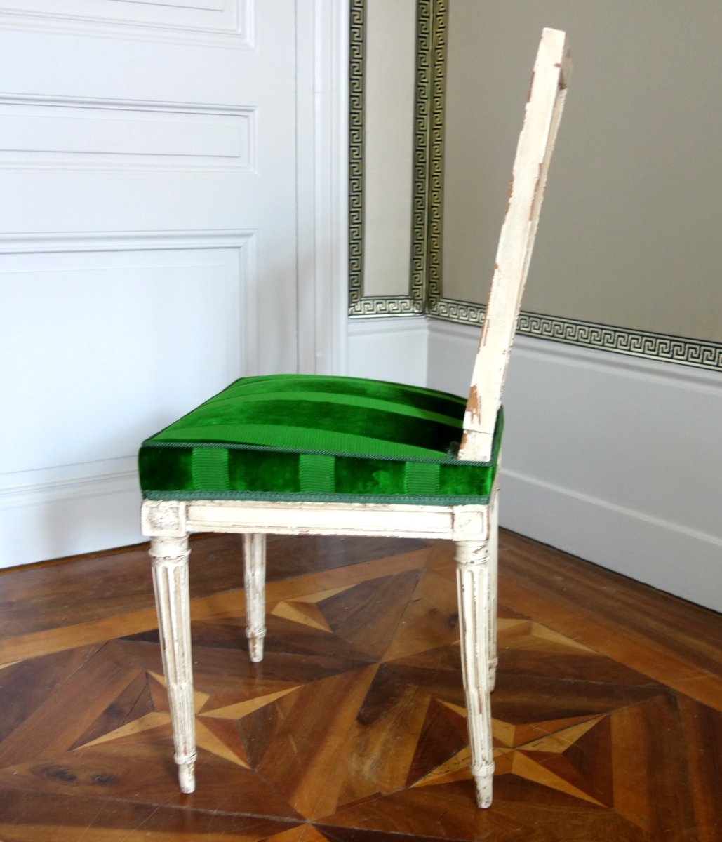 Suite de 4 chaises lyre d'époque Louis XVI en bois laqué et velours de soie-photo-4