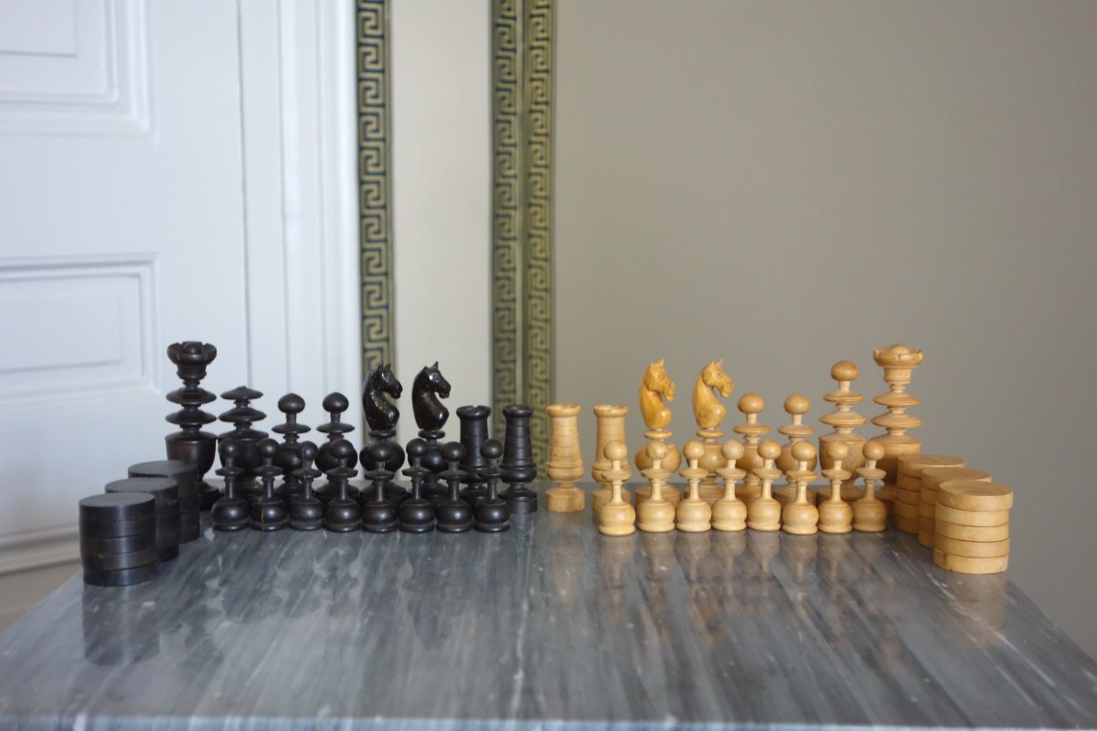 Jeu d'echecs d'époque début 19e en buis tourné et sculpté - idéal complément table tric trac -photo-2