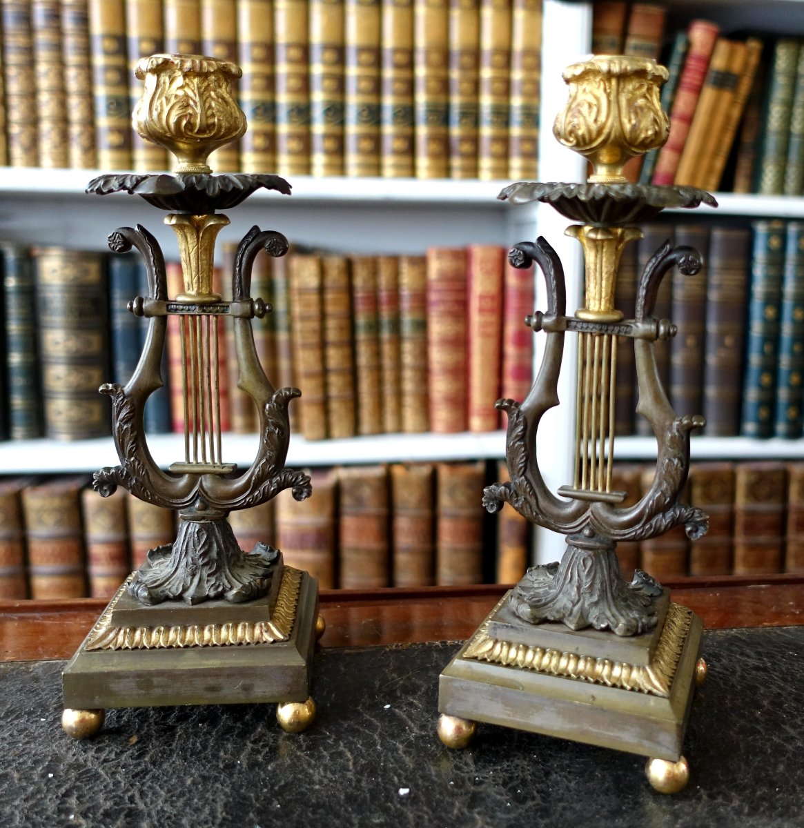 Pair Of Period "lyre" Candlesticks In Chiseled, Patinated, And Gilded Bronze; Restored-photo-2