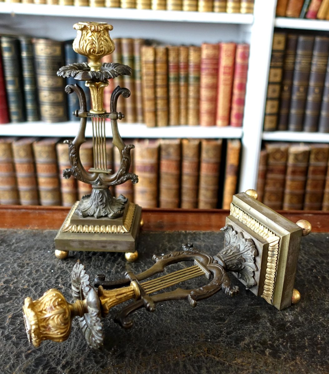 Pair Of Period "lyre" Candlesticks In Chiseled, Patinated, And Gilded Bronze; Restored-photo-3
