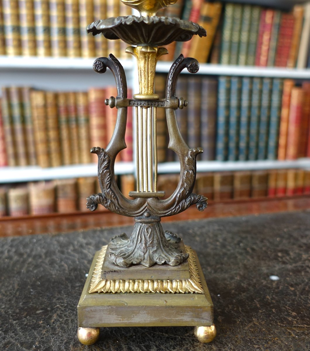 Pair Of Period "lyre" Candlesticks In Chiseled, Patinated, And Gilded Bronze; Restored-photo-4