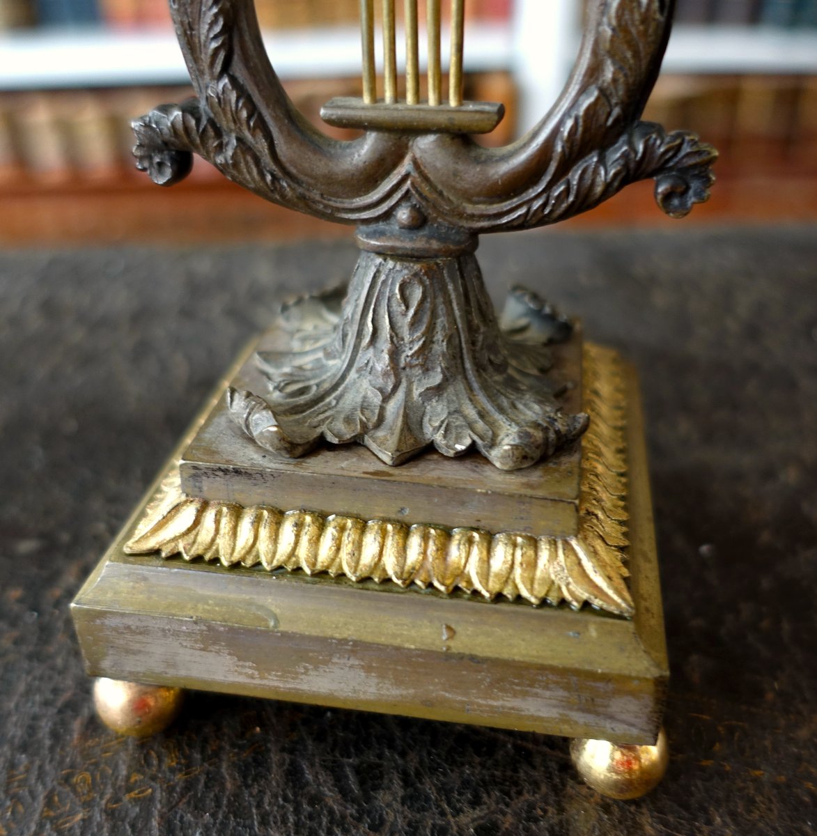 Pair Of Period "lyre" Candlesticks In Chiseled, Patinated, And Gilded Bronze; Restored-photo-2
