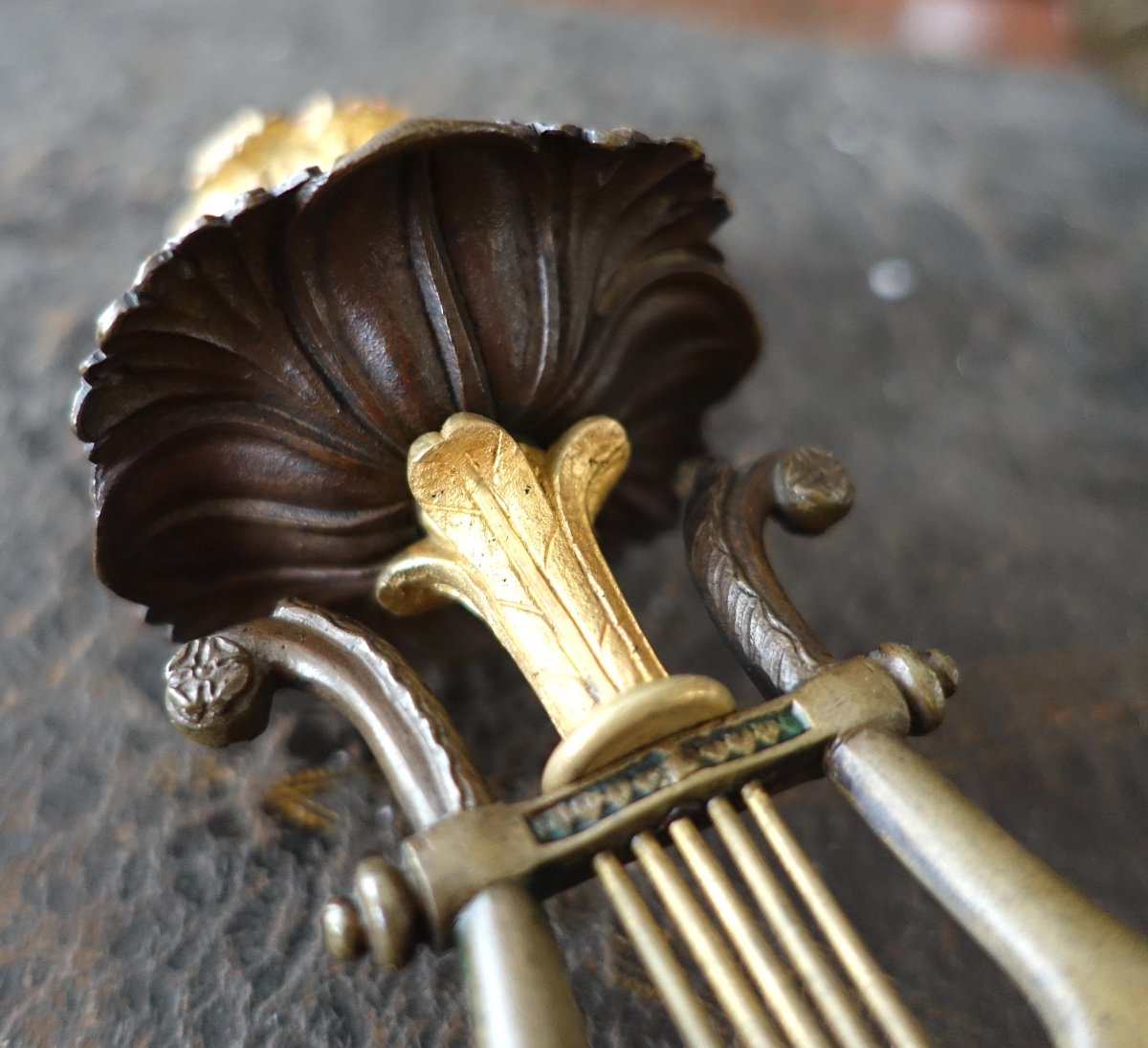 Pair Of Period "lyre" Candlesticks In Chiseled, Patinated, And Gilded Bronze; Restored-photo-3