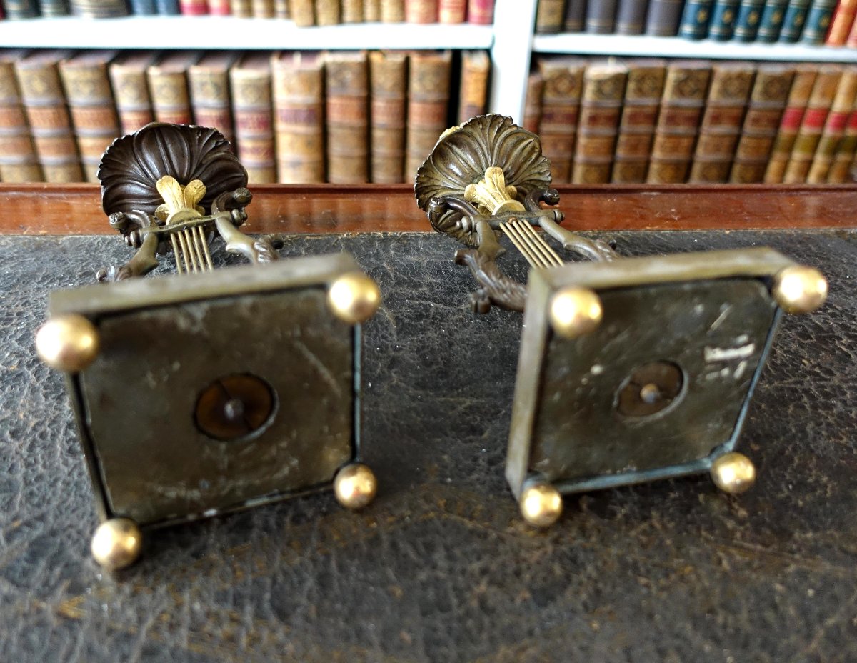 Pair Of Period "lyre" Candlesticks In Chiseled, Patinated, And Gilded Bronze; Restored-photo-4