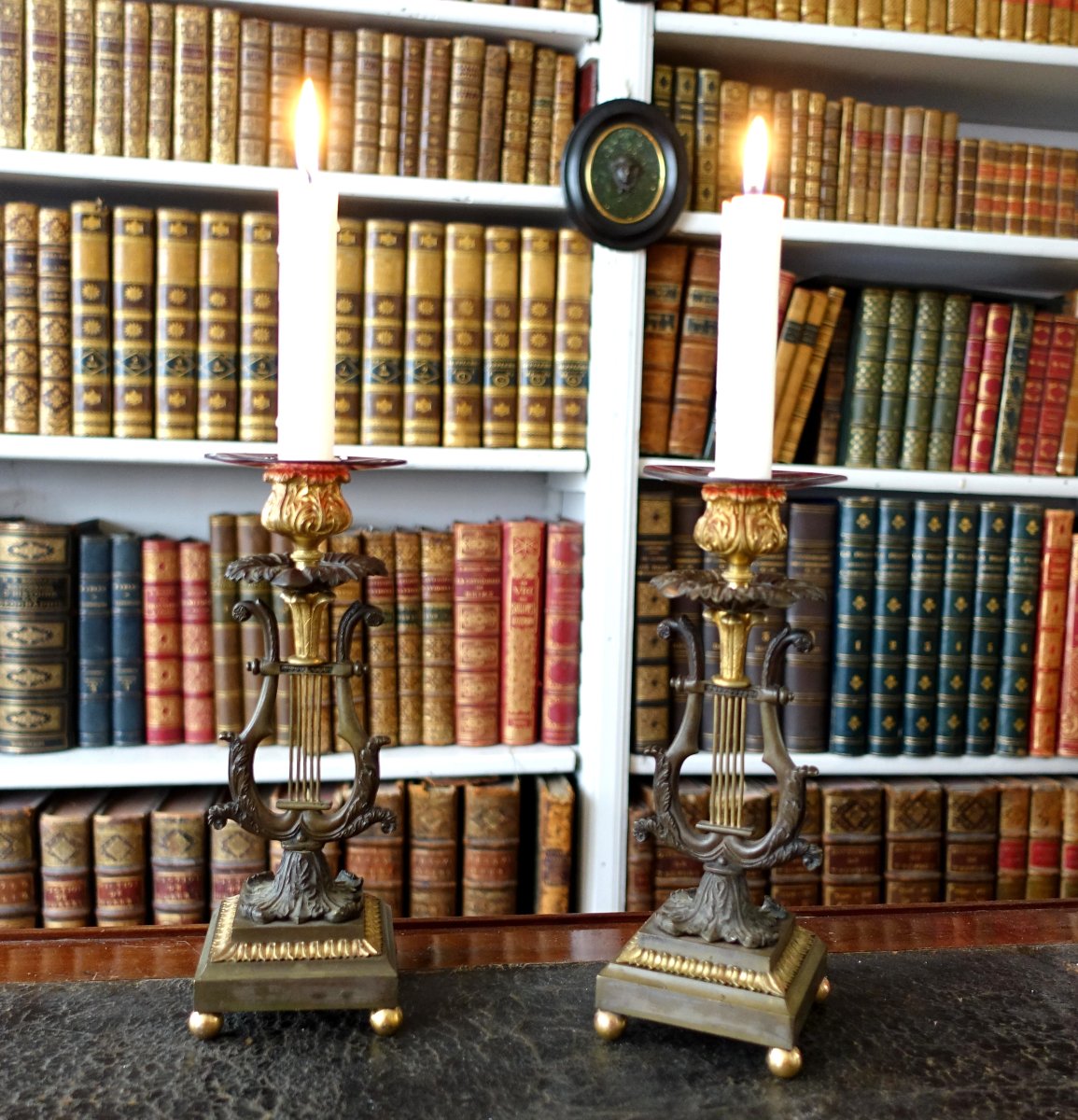 Pair Of Period "lyre" Candlesticks In Chiseled, Patinated, And Gilded Bronze; Restored