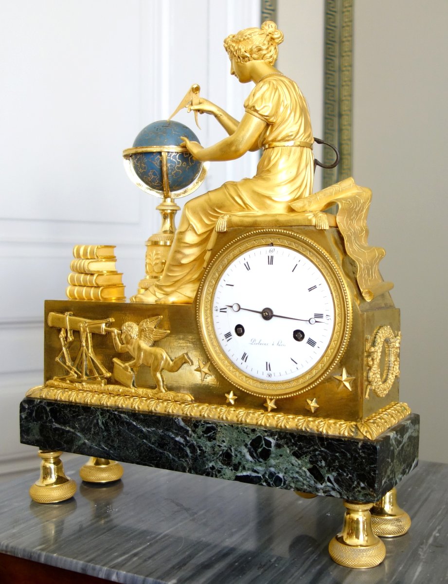Claude Galle & Piolaine - pendule L'étude de l'Astronomie, bronze doré au mercure ep. Empire -photo-2