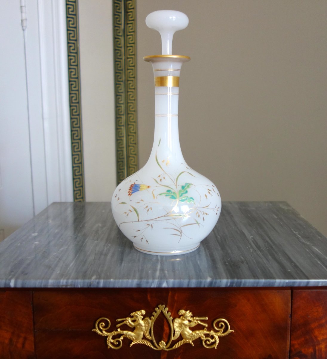 Baccarat Crystal: Opaline Wine Decanter With Japanese-inspired Enamel And Gold Decoration