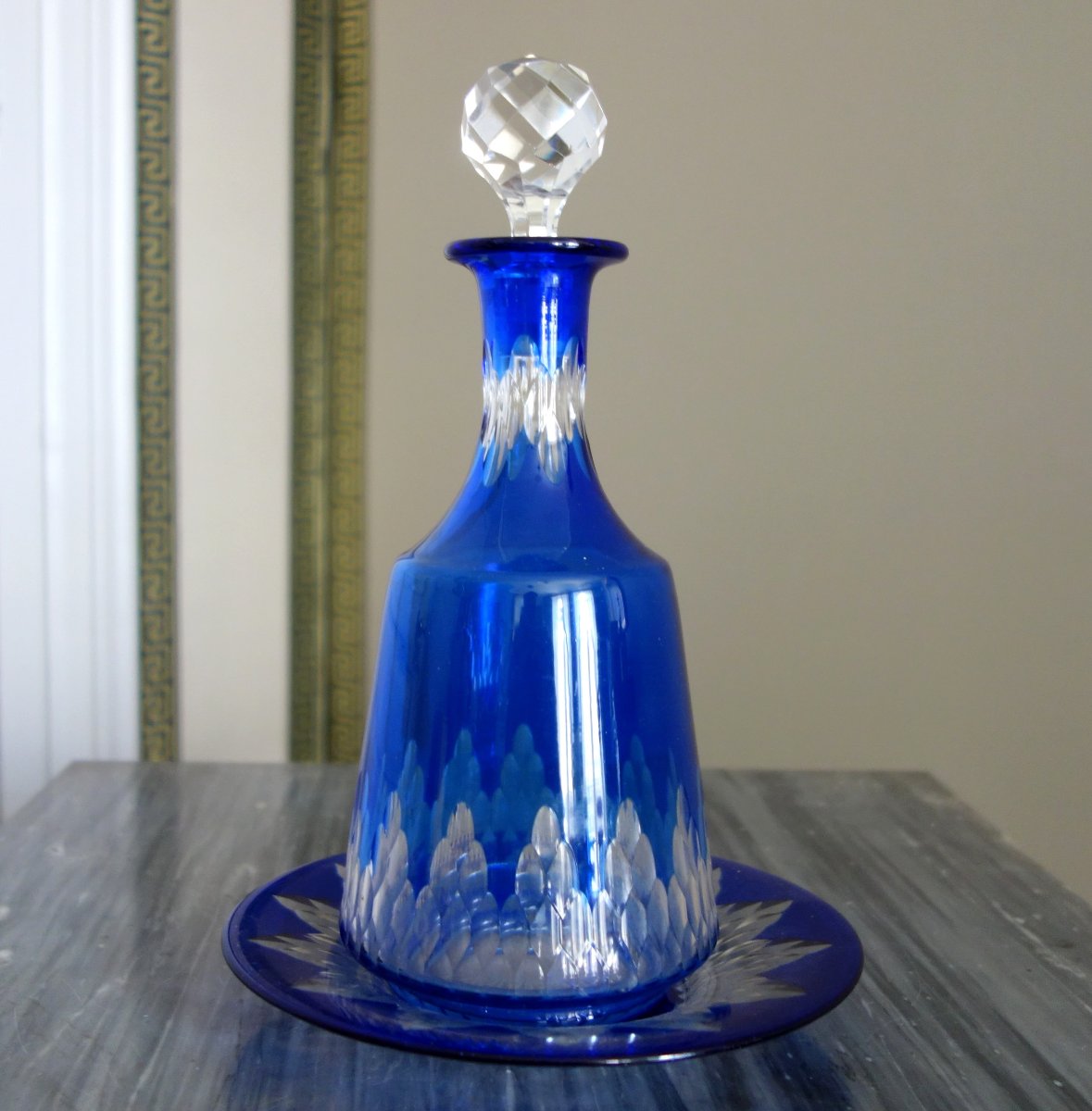 Baccarat Cut Crystal Carafe With Blue Lining And Saucer - Champigny Model-photo-2