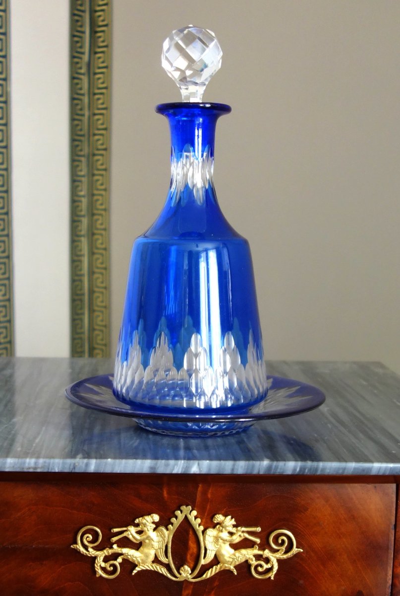 Baccarat Cut Crystal Carafe With Blue Lining And Saucer - Champigny Model