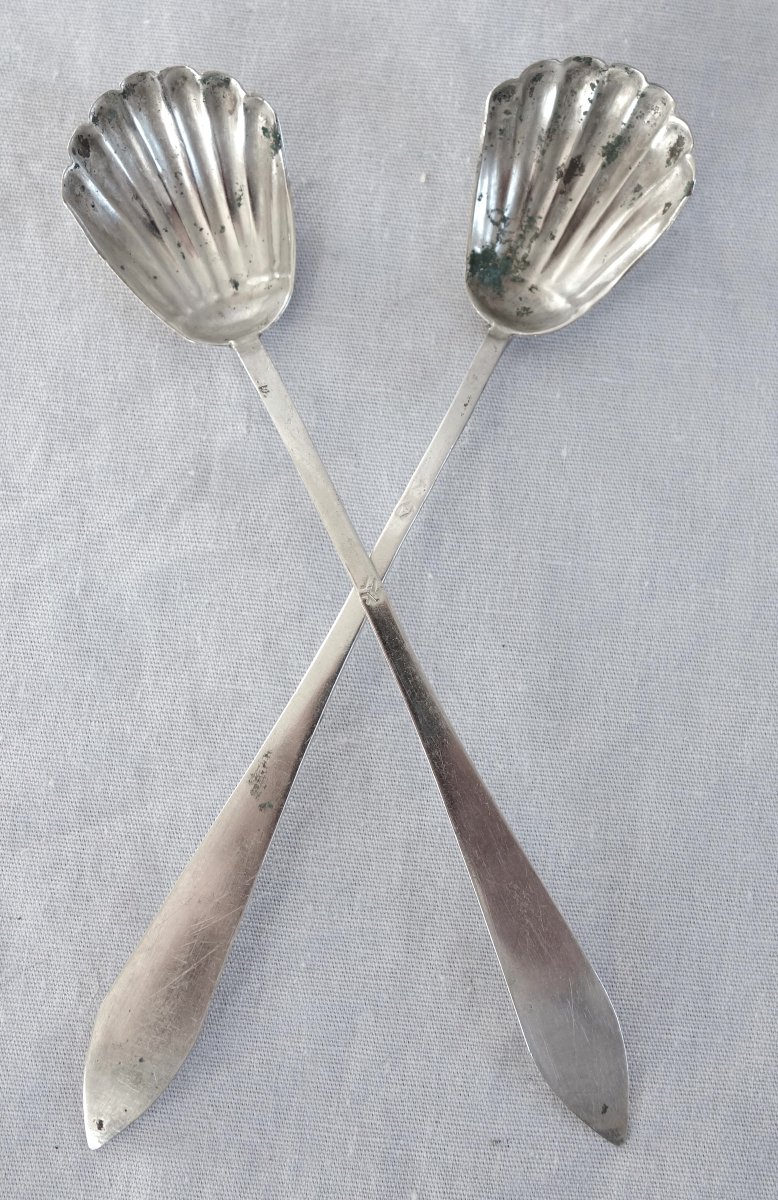 Paire de cuillères pour moutardiers ou salières 18e en argent massif d'époque début 19e siècle -photo-2