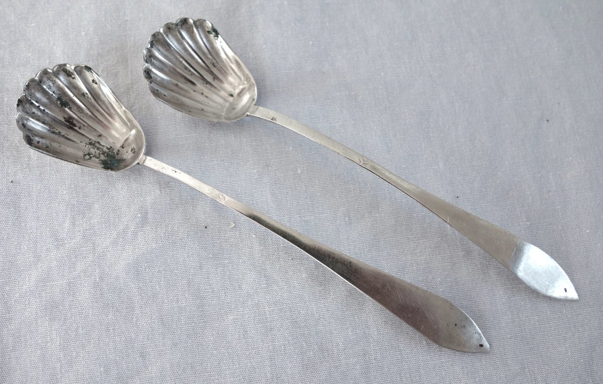 Paire de cuillères pour moutardiers ou salières 18e en argent massif d'époque début 19e siècle -photo-3
