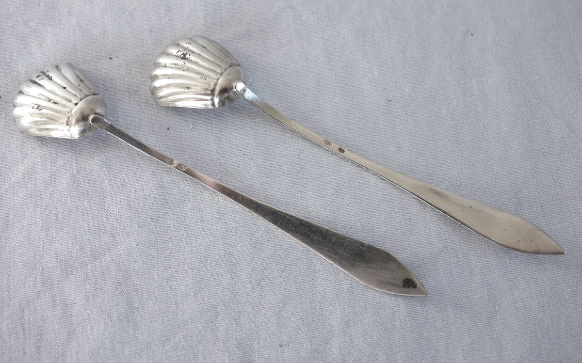 Paire de cuillères pour moutardiers ou salières 18e en argent massif d'époque début 19e siècle -photo-4