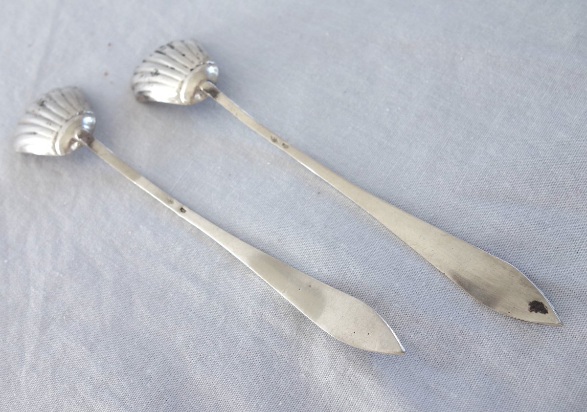 Paire de cuillères pour moutardiers ou salières 18e en argent massif d'époque début 19e siècle -photo-2