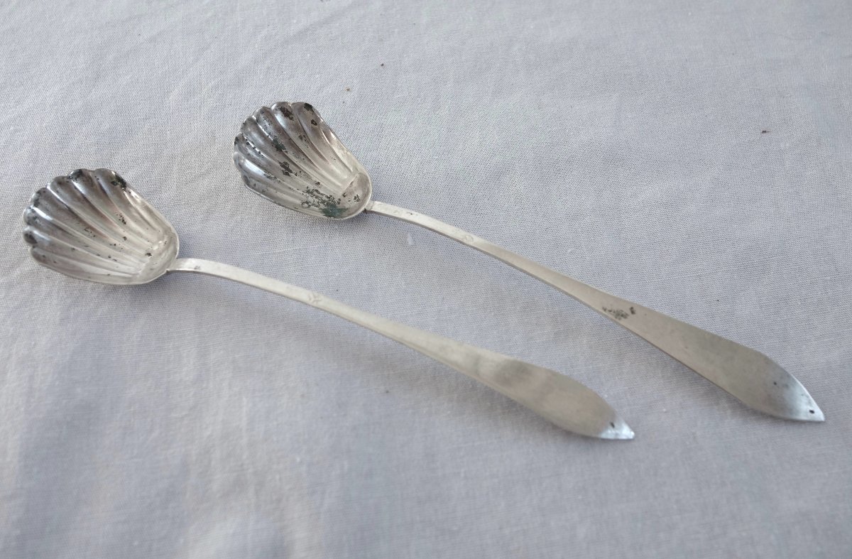 Paire de cuillères pour moutardiers ou salières 18e en argent massif d'époque début 19e siècle -photo-3