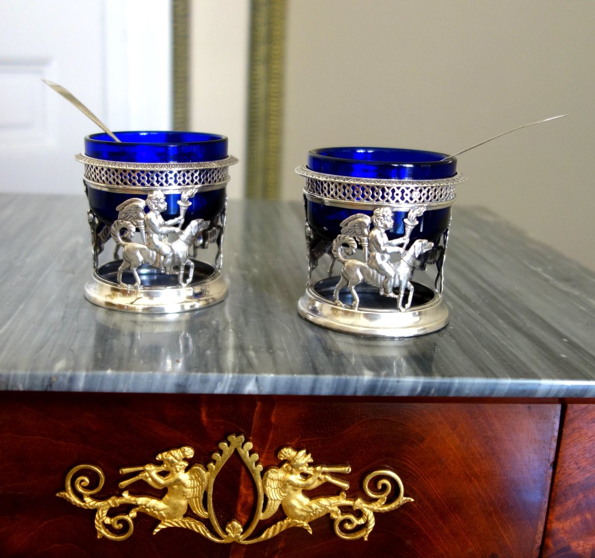 Paire de cuillères pour moutardiers ou salières 18e en argent massif d'époque début 19e siècle -photo-4