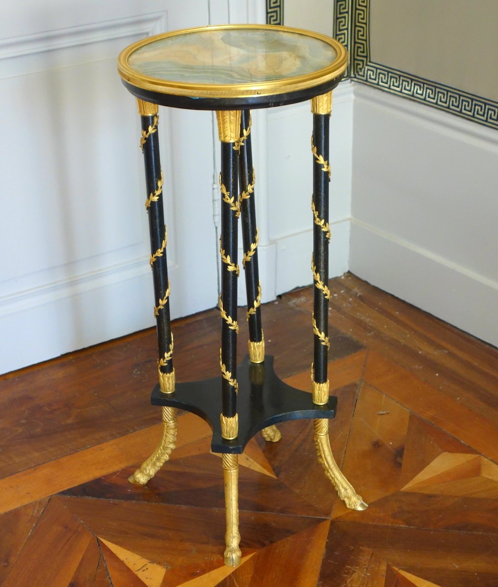 Athenienne-style Pedestal Table In Aventurine Lacquer And Gilded Bronze, Based On A Design By Weisweiler, Circa 1880-photo-2