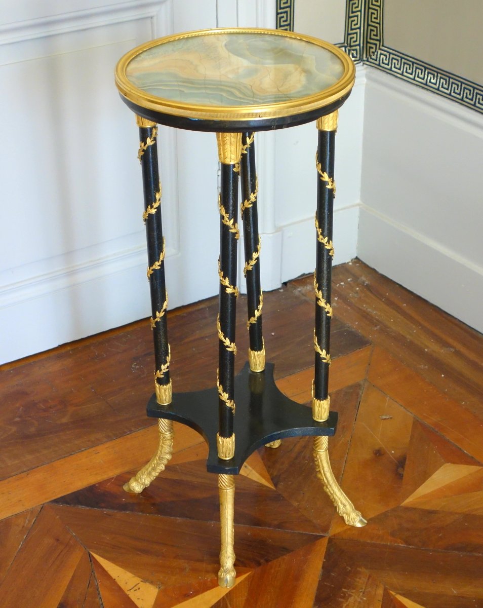 Athenienne-style Pedestal Table In Aventurine Lacquer And Gilded Bronze, Based On A Design By Weisweiler, Circa 1880-photo-4
