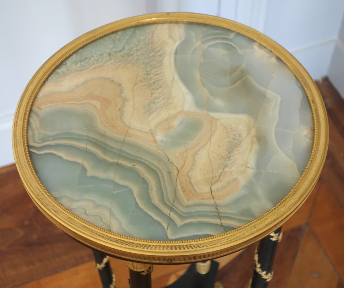 Athenienne-style Pedestal Table In Aventurine Lacquer And Gilded Bronze, Based On A Design By Weisweiler, Circa 1880-photo-1