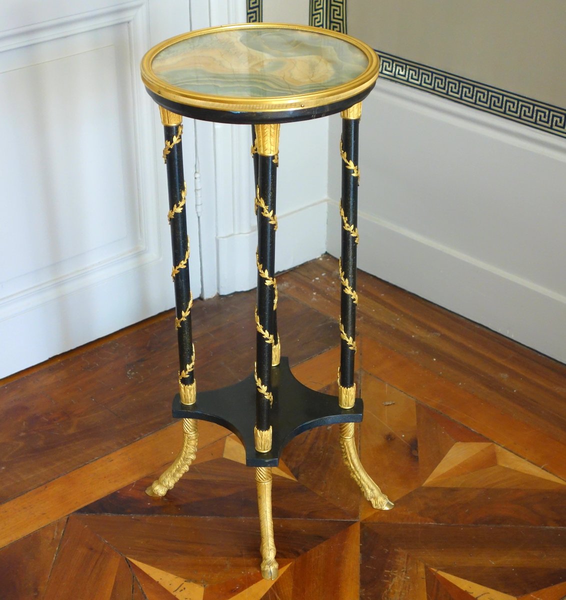 Athenienne-style Pedestal Table In Aventurine Lacquer And Gilded Bronze, Based On A Design By Weisweiler, Circa 1880