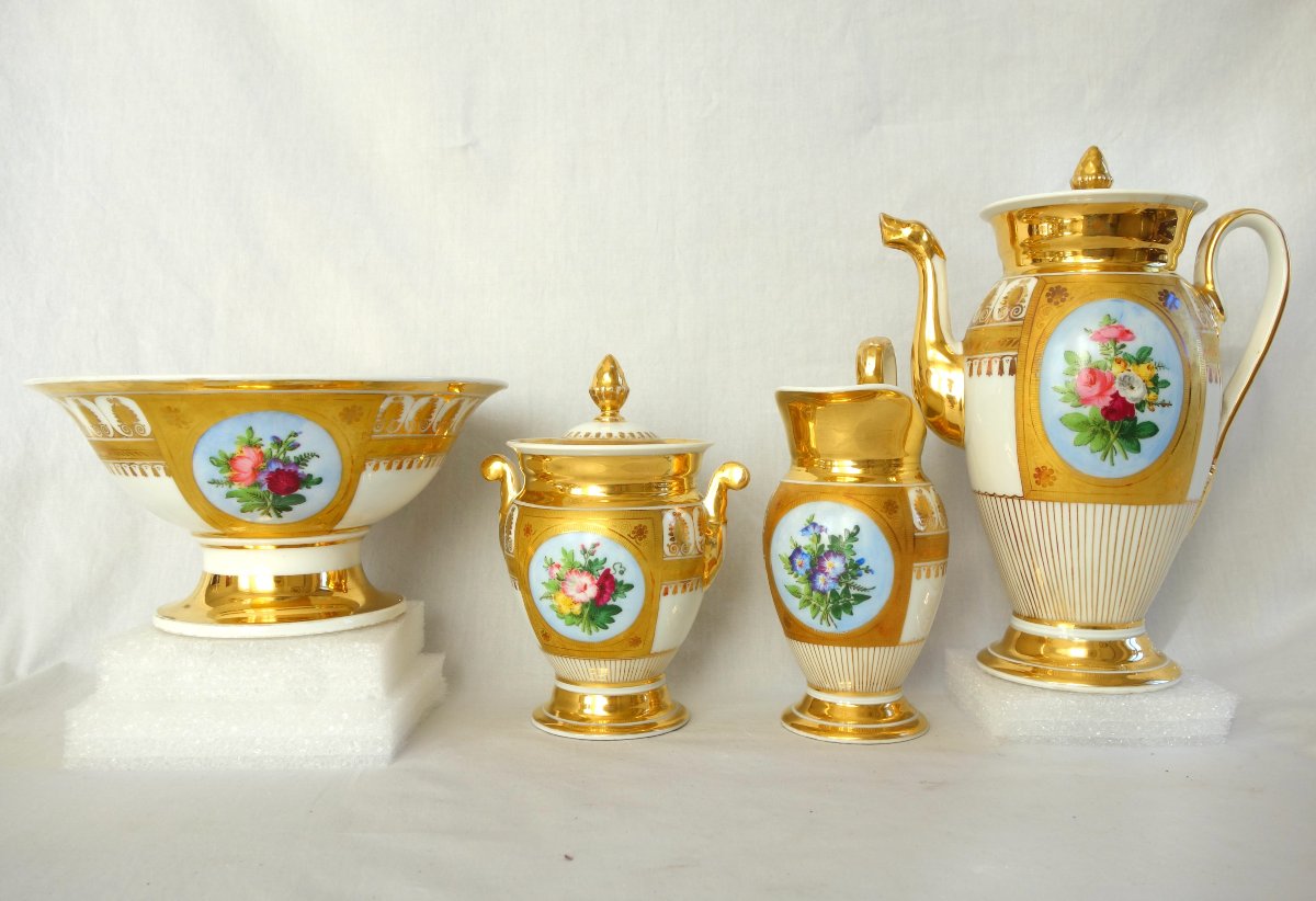 Service à café complet pour 8, porcelaine dorée florale, époque Empire Restauration - 12 pièces-photo-2