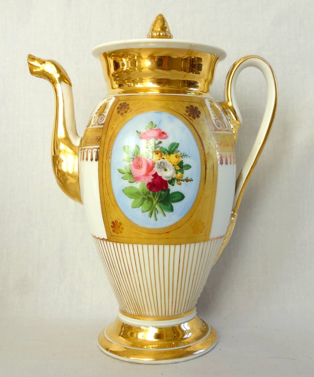Service à café complet pour 8, porcelaine dorée florale, époque Empire Restauration - 12 pièces-photo-3
