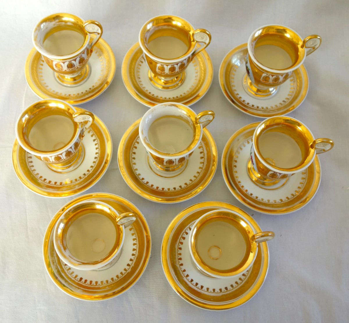 Service à café complet pour 8, porcelaine dorée florale, époque Empire Restauration - 12 pièces-photo-6