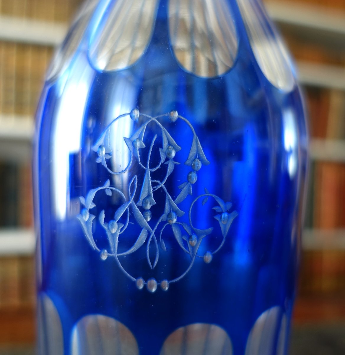 Baccarat - Decorative Crystal Carafe In The Shape Of A Bottle, With A Cobalt Blue Overlay - Monogram-photo-2