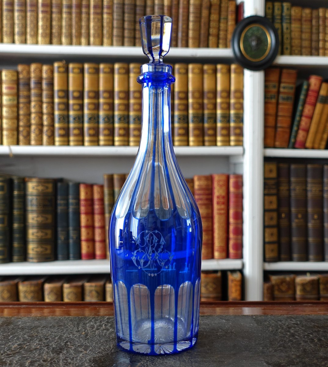Baccarat - Decorative Crystal Carafe In The Shape Of A Bottle, With A Cobalt Blue Overlay - Monogram