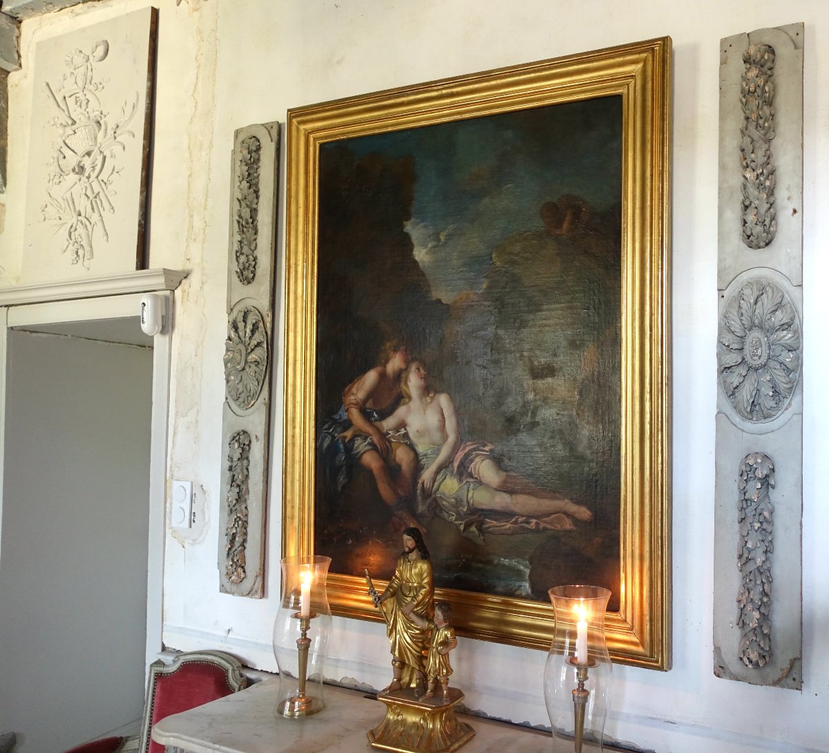 Paire de panneaux de boiserie d'époque Louis XVI pour plafond, poutre ou usage mural 18e siècle-photo-5